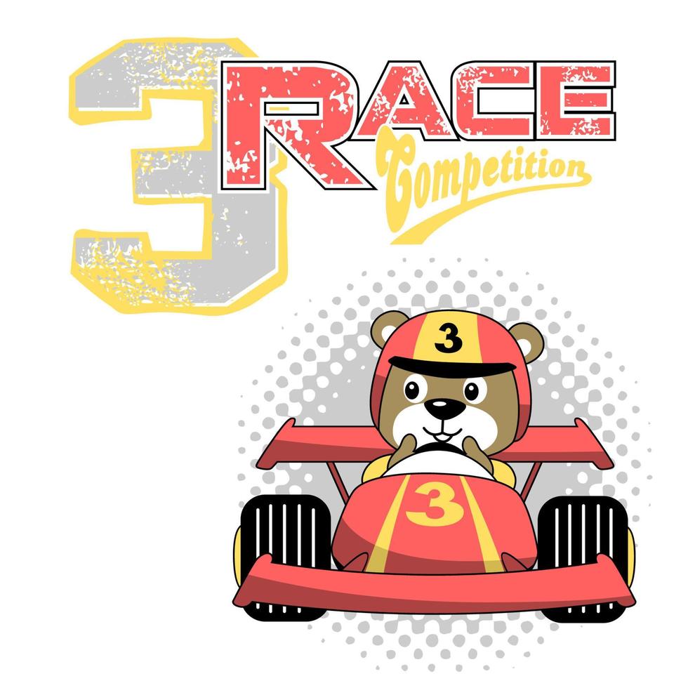 vector cartoon illustration of funny bear on racing car