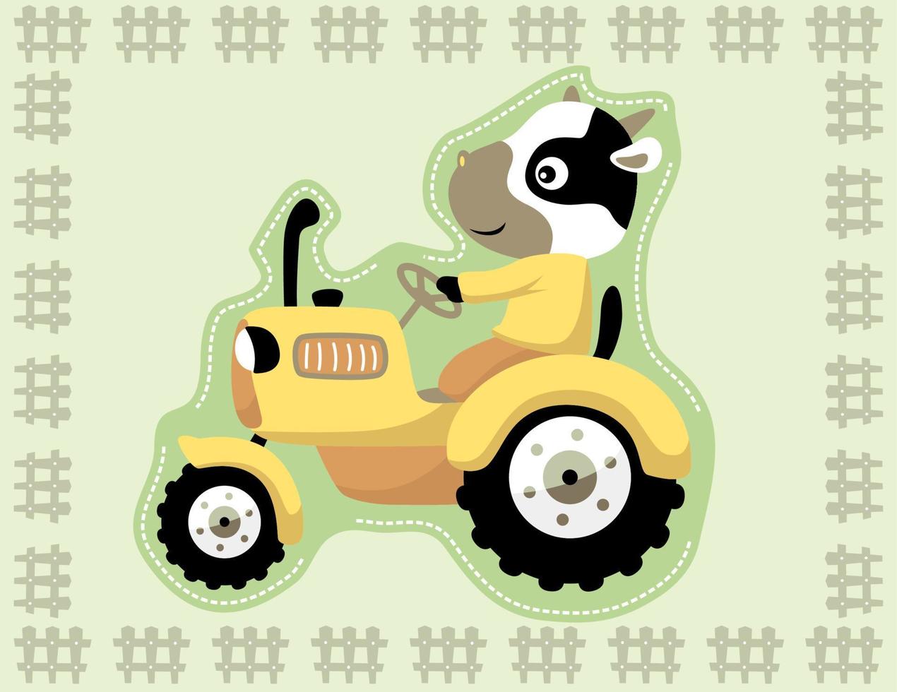 Funny cow driving tractor on fence frame border, vector cartoon illustration