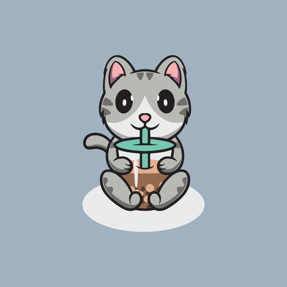 Cute cat drinking bubble tea cartoon icon illustration vector