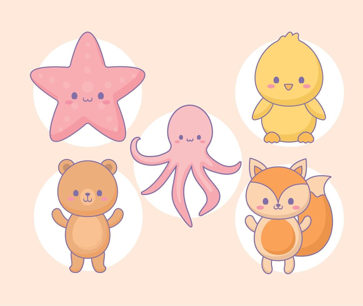 five kawaii animals vector