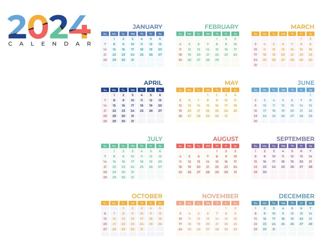 Set of 12 calendar, minimalist Calendar 2024 template, Planner year, Wall calendar, Week Starts sunday vector