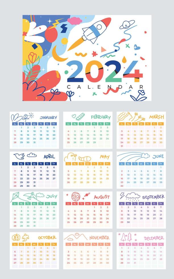 Handdrawn colorful 2024 calendar. kids drawing style vector