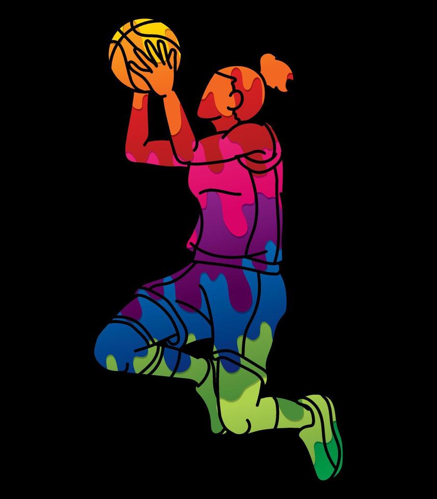 pintada baloncesto hembra jugador acción dibujos animados deporte vector