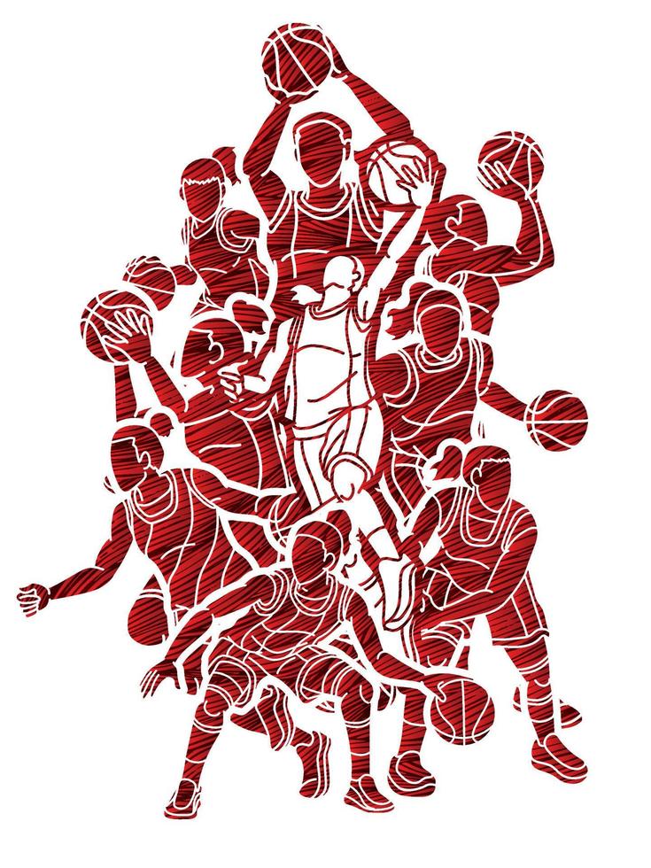 silueta grupo de baloncesto hembra jugadores vector