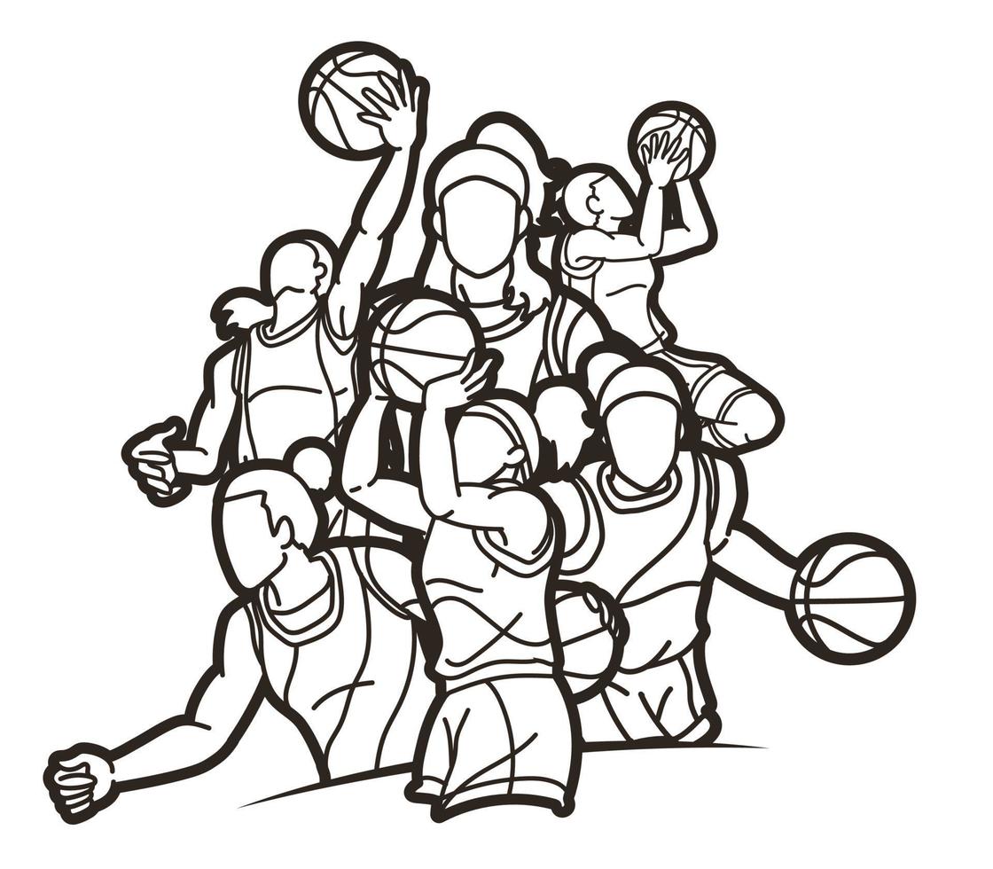 contorno grupo de baloncesto mujer jugadores vector