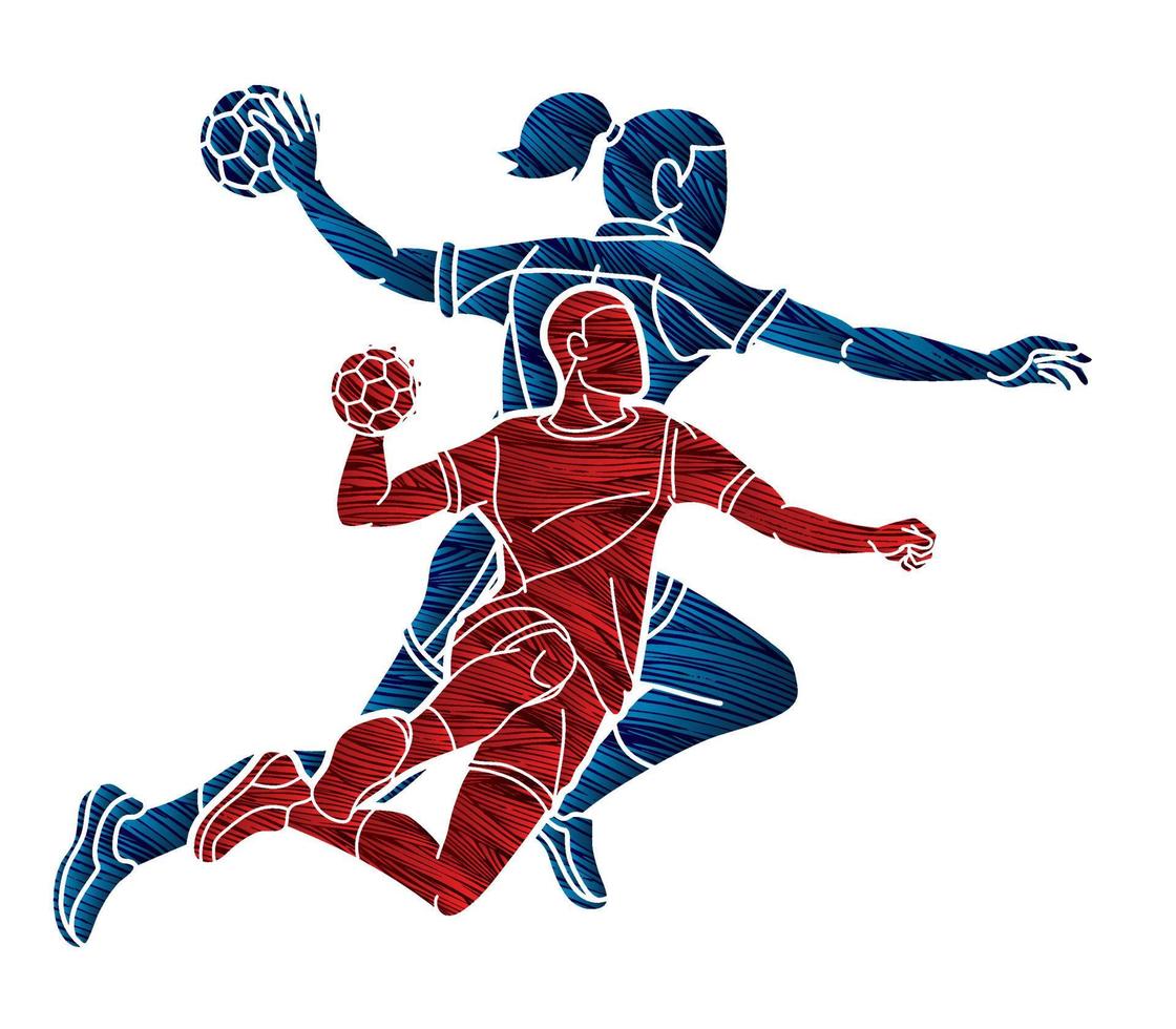 Handball Sport Team Male and Female Players Mix Action Cartoon Graphic Vector