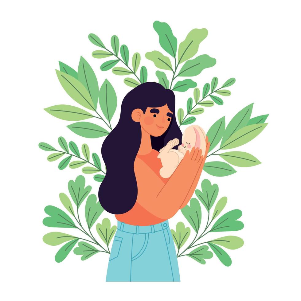 woman holding a rabbit vector