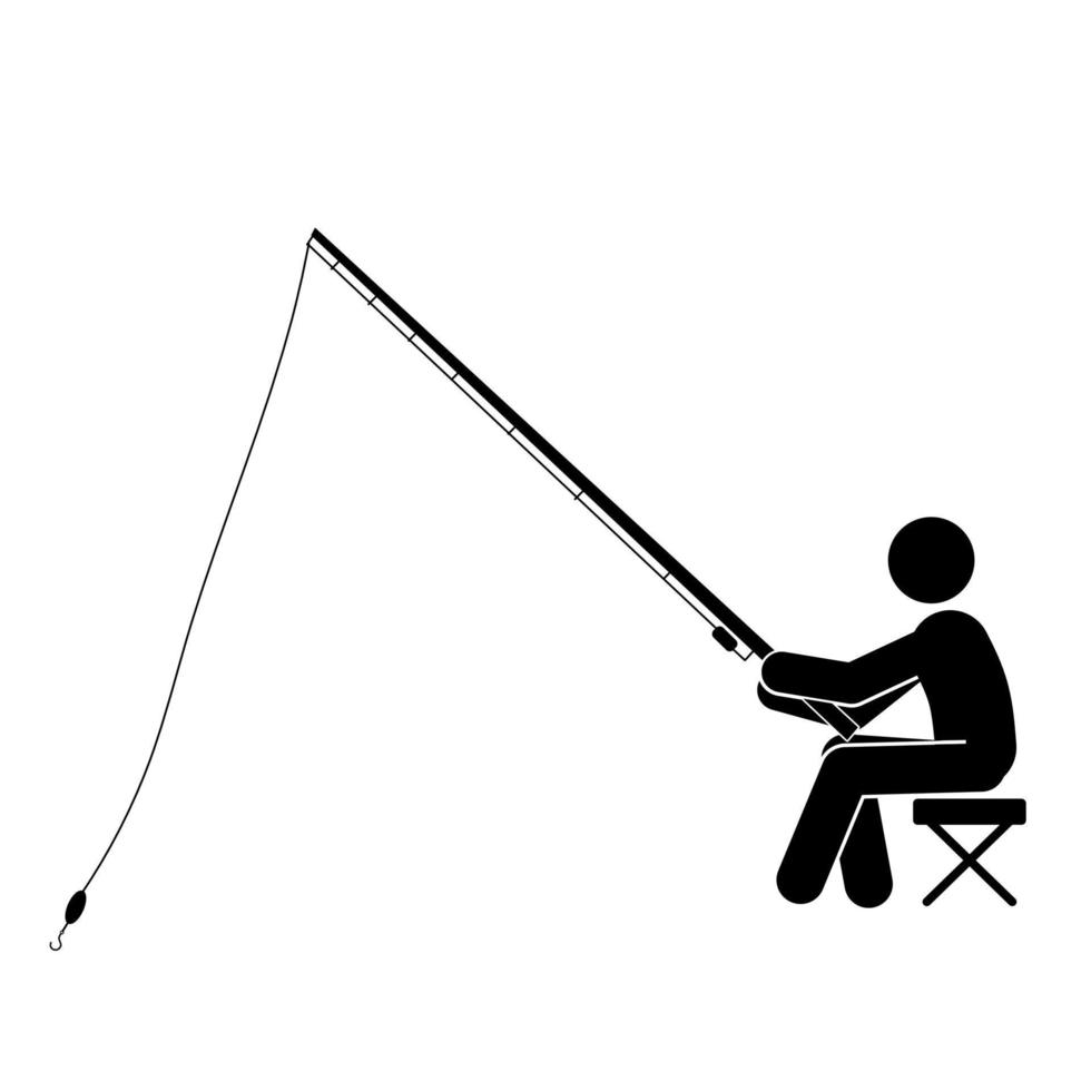Fisherman silhouette with fishing rod on white background. Vector illustration.