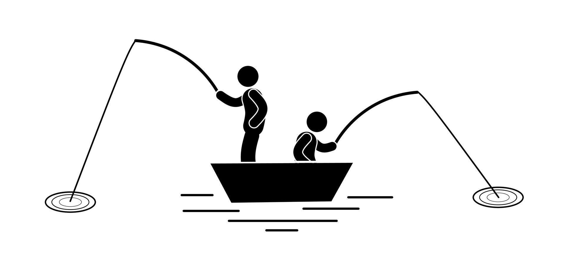 Fisherman silhouette with fishing rod on white background. Vector illustration.