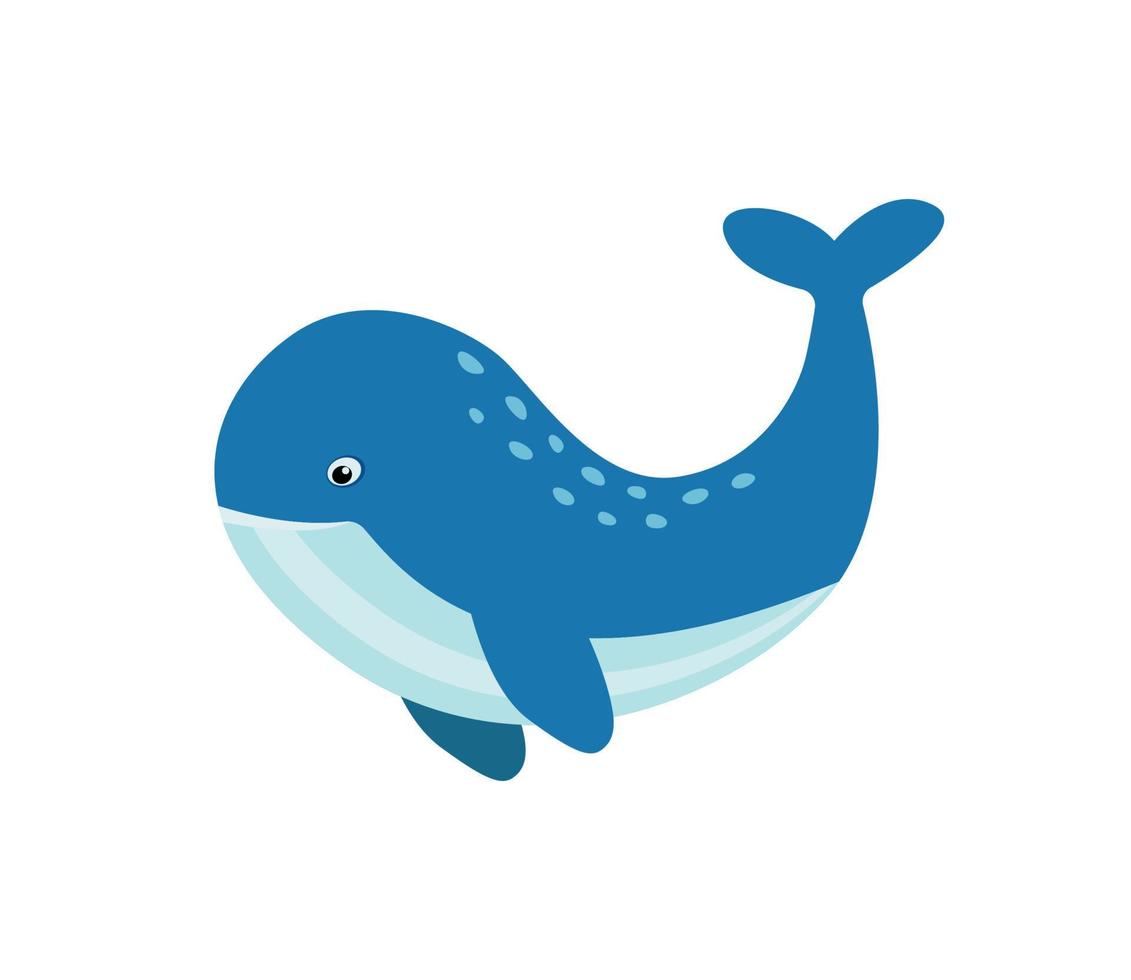 Cute cartoon whale swims isolated on a white background. Vector logo illustration of ocean life.