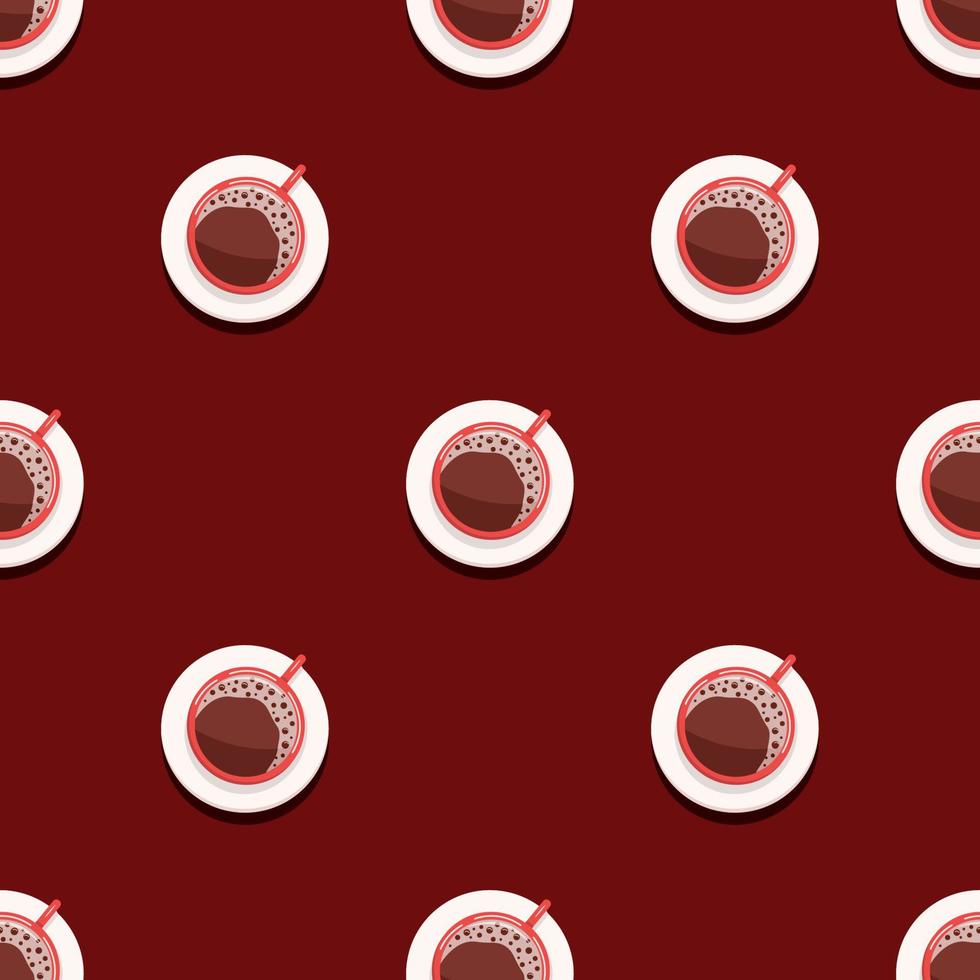 Seamless Pattern Espresso coffee with foam in a red cup and saucer. Top view, vector cartoon illustration in a flat style.