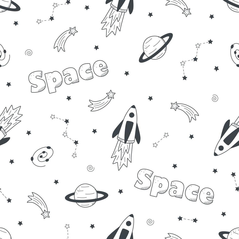 Cosmos doodle is a set of vector illustrations. Seamless pattern icons of space elements rocket cosmonaut stars satellite telescope comet