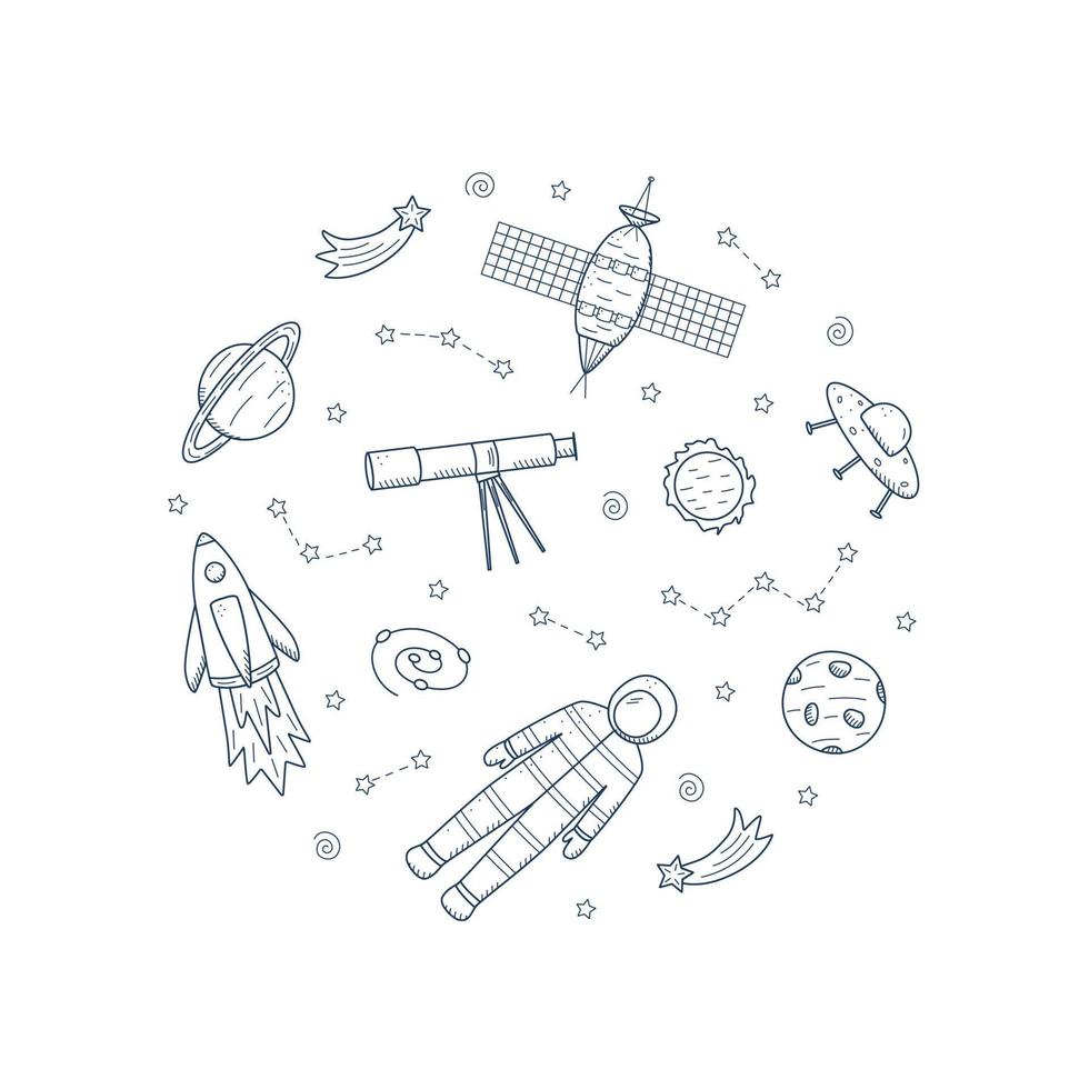 Cosmos doodle is a set of vector illustrations in the circle. Icons of space elements rocket cosmonaut stars satellite telescope comet