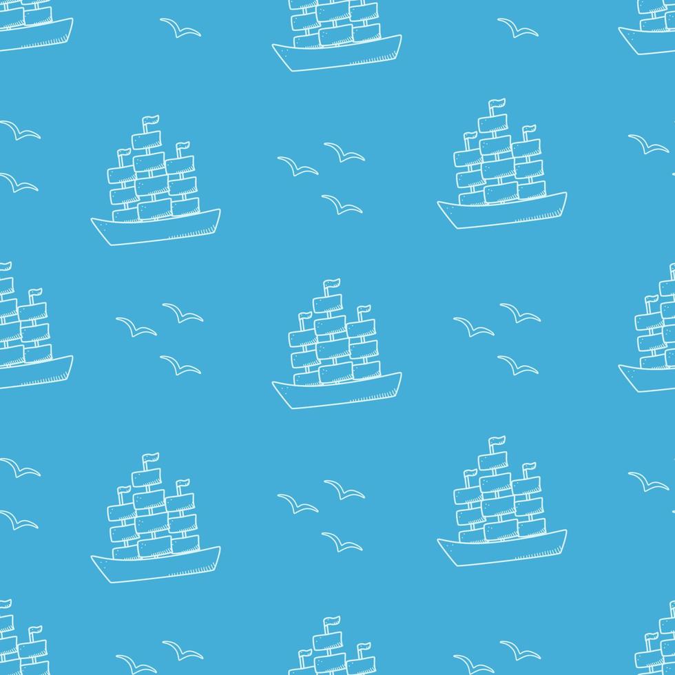 Seamless pattern of a ship with three masts. Vector doodle background historical naval frigate with sails and seagulls.