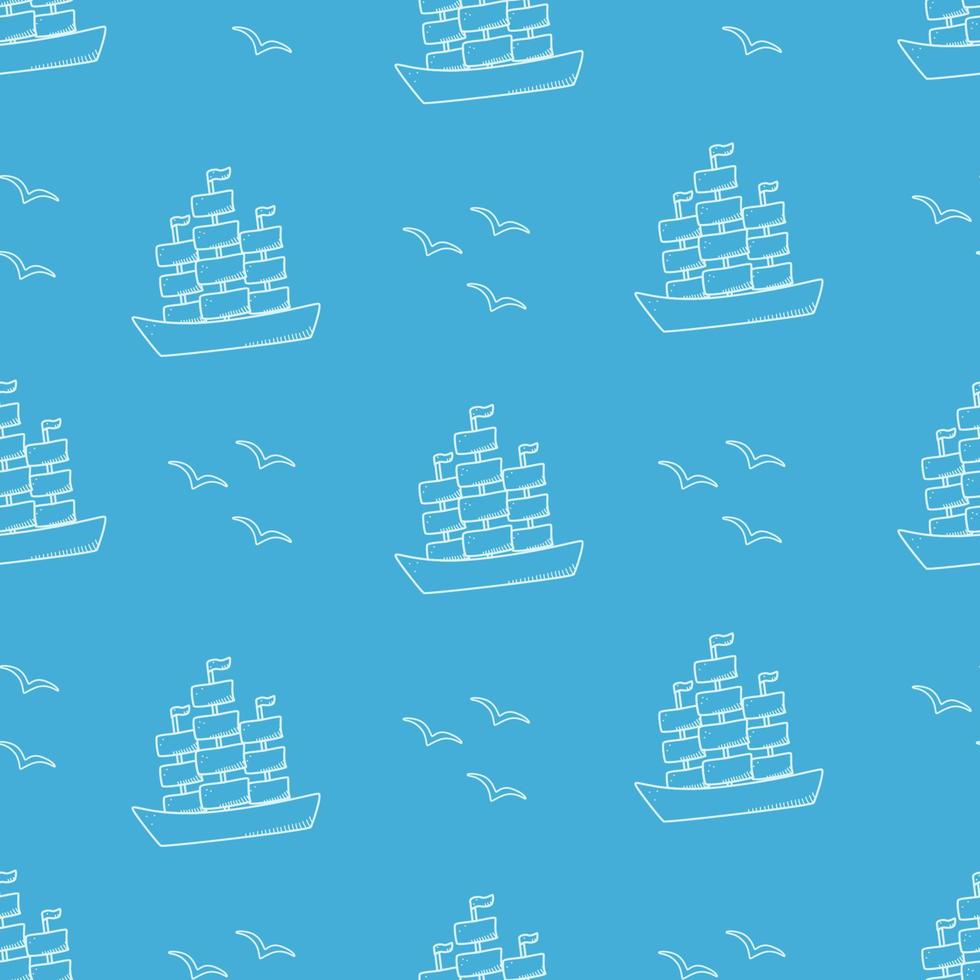 Seamless pattern of a ship with three masts. Vector doodle background historical naval frigate with sails and seagulls.