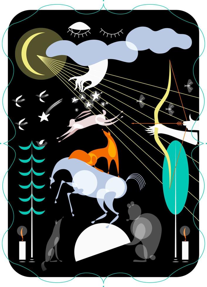 Magical forest with animals at night by moonlight, vector illustration