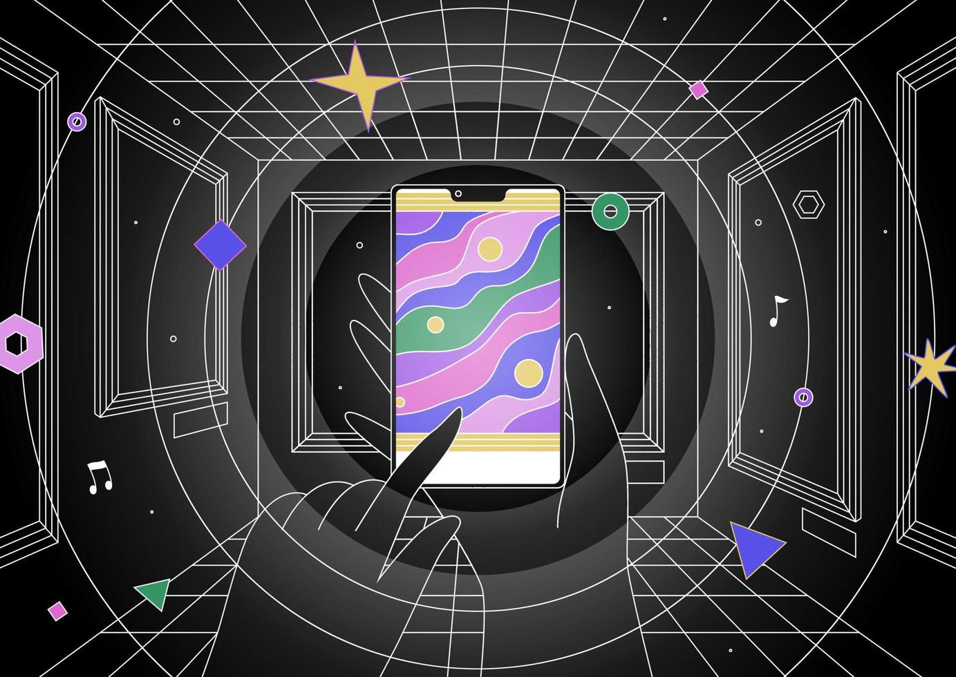 Hands holding smartphone vertically in an art gallery in real time, augmented reality concept vector illustration