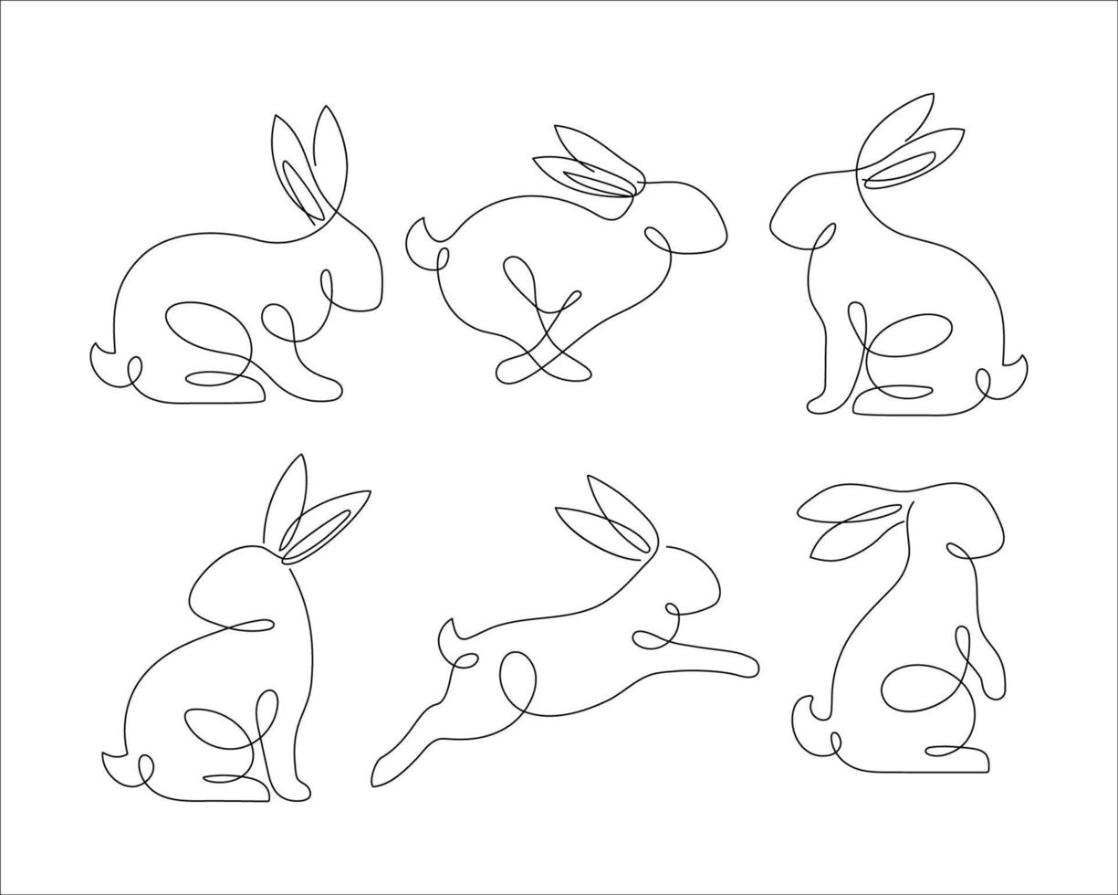 Bunny line art style icon set. Rabbit line art icon collection. Set of Abstract outline rabbit. Continous line drawing Rabbit minimalism style icon set. Easter bunny linear icon pack. vector