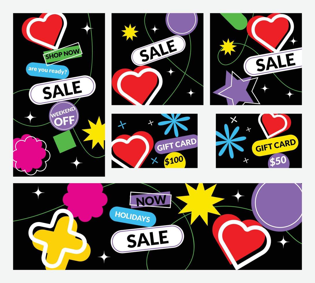 Flat geometric sale banner set for social media. Holidays sale set. Gift card set. vector
