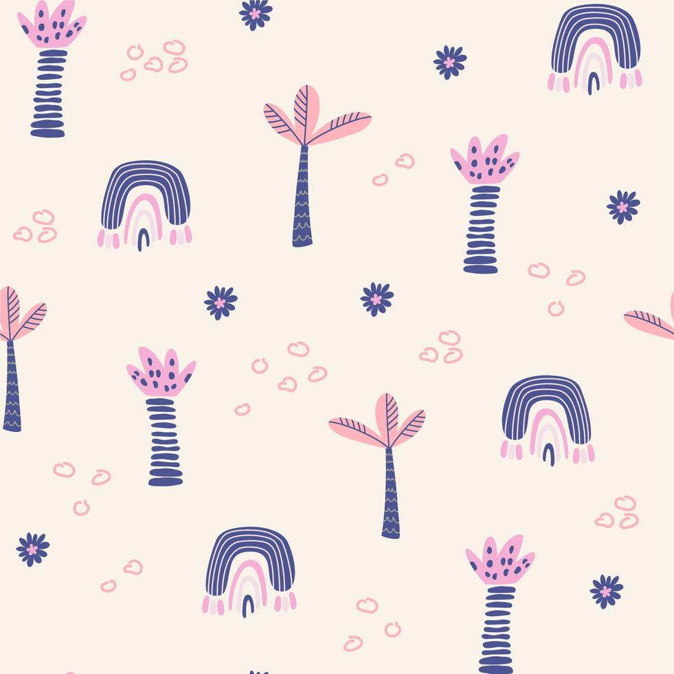 Tropical beach palm trees seamless pattern. Jungle background with rainforest leafy plants Nursery pastel palette for printing baby clothes, textiles fabrics. Vector cartoon illustration.