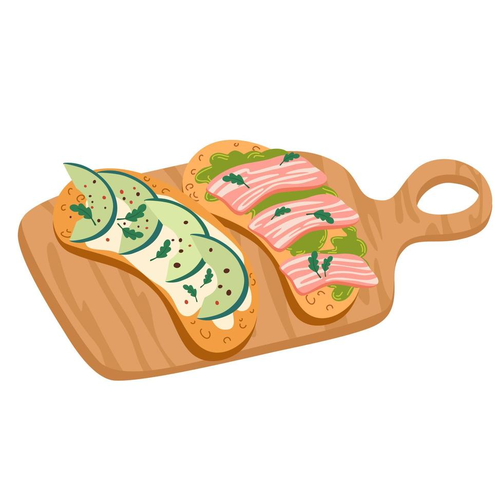 Avocado toast. Healthy breakfast. Perfect for restaurant menus, cafes and apps. For printing, posters and postcards. Vector cartoon Illustration.