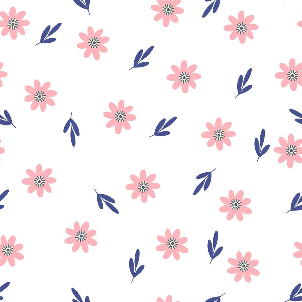 Trendy floral seamless pattern. Hand drawn cartoon linocut of cute flowers on a colored background. Ideal for textiles, fabric, wallpaper. Simple white small daisies with leaves in vector. vector