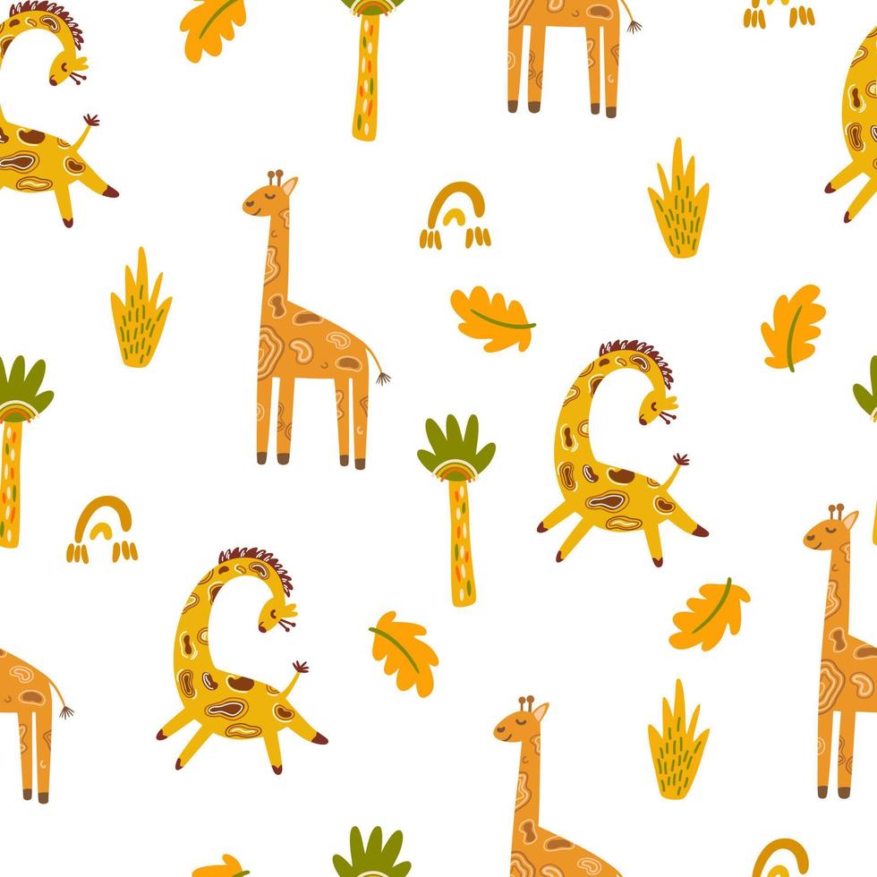 Giraffes and palm trees seamless pattern. Tropical jungle background. Perfect for printing baby clothes, textiles fabrics. Vector cartoon illustration.