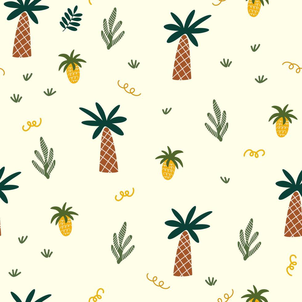 Tropical jungle seamless pattern. Jungle background with palm, plants and pineapples.  Nursery pastel palette for printing baby clothes, textiles fabrics. Vector cartoon illustration.