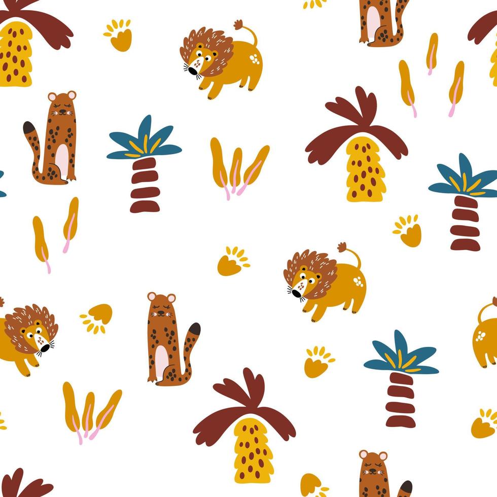 Tropical jungle seamless pattern. Lion, tiger and palm trees. Jungle background for kids. Perfect for printing baby clothes, textiles fabrics. Vector cartoon illustration.