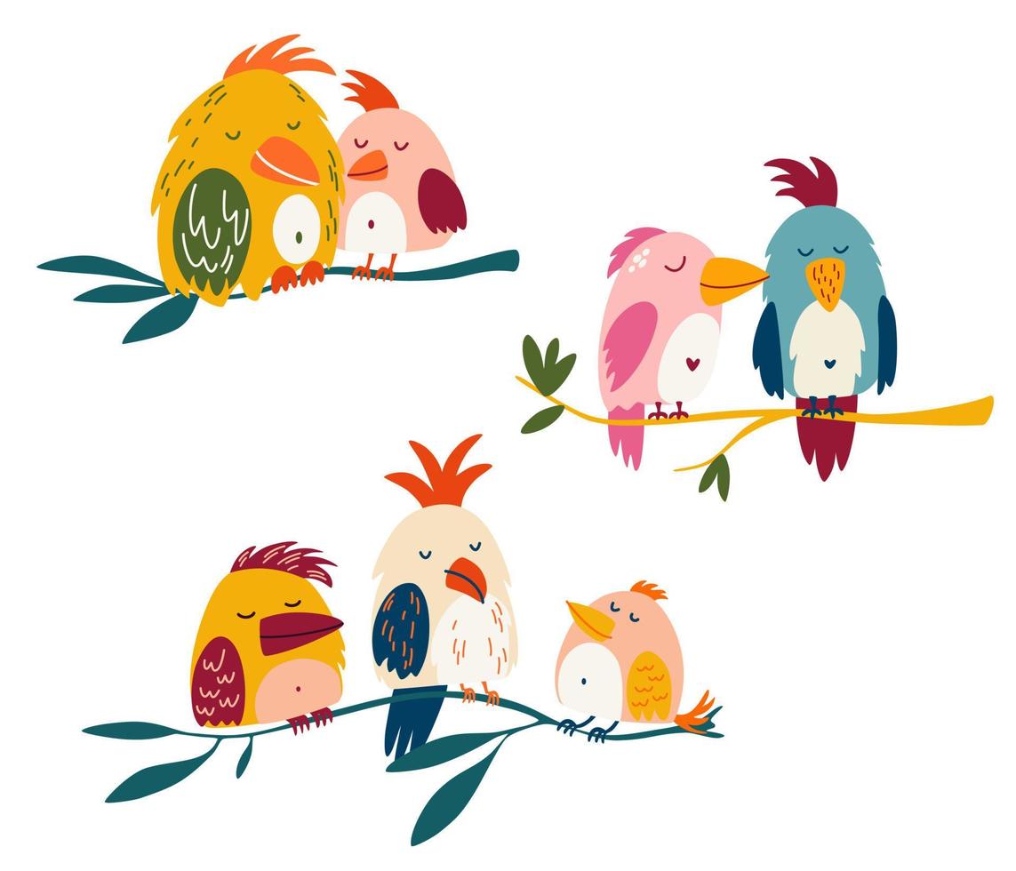 Birds in love. Cartoon tropical parrots sitting on a tree branch. Cute children's vector illustration for printing, postcards and prints