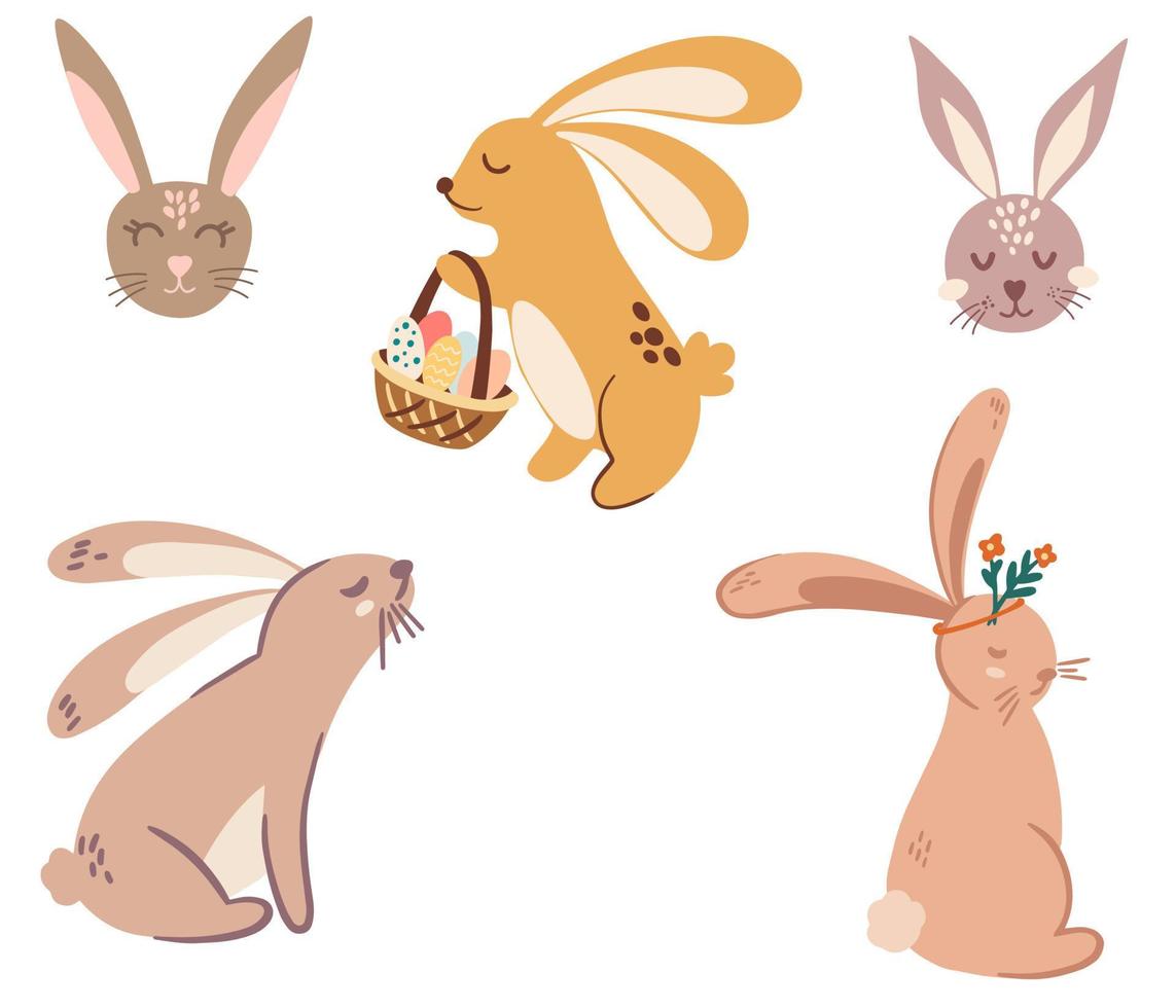 Bunny rabbit set. Cute rabbits with flowers, baskets with eggs. Ideal for printing, postcards, Easter holiday. Vector Hand-drawn cartoon illustration of cute forest character.