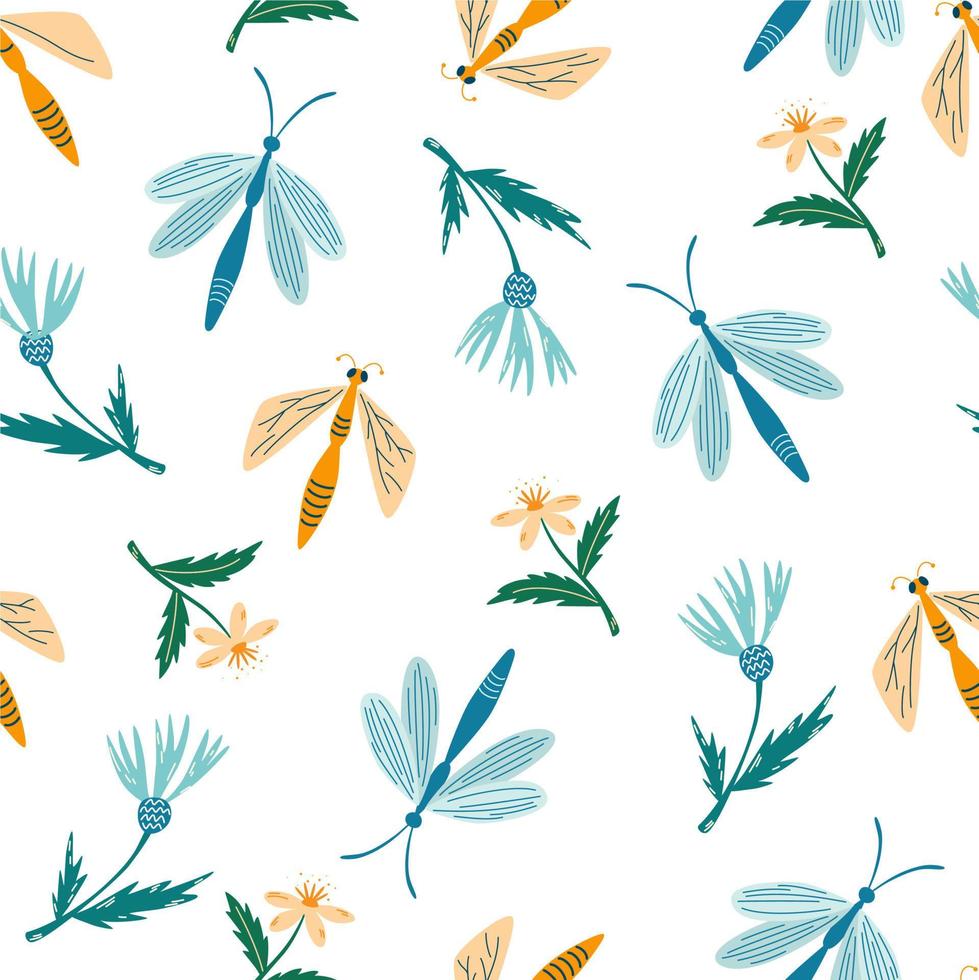Dragonflies and flowers seamless pattern. Botanical, Insects background. Hand drawn Floral texture for fabric, textile, digital papers. Vector cartoon illustration
