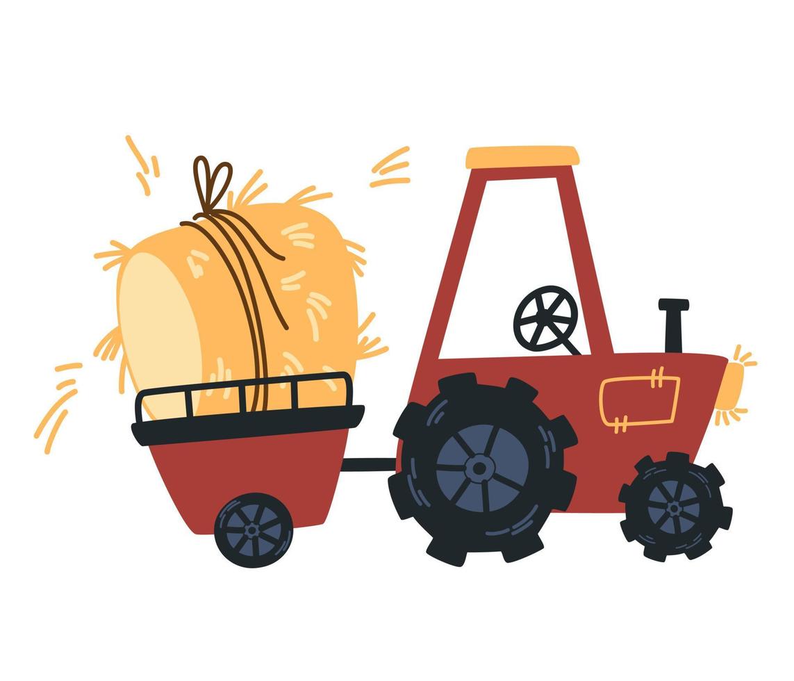 Tractor with hay. Farm and agriculture. Flat dried haystack in wagon and suck, hayloft. Perfect for printing, posters, children's postcards and websites. Cartoon vector illustration.