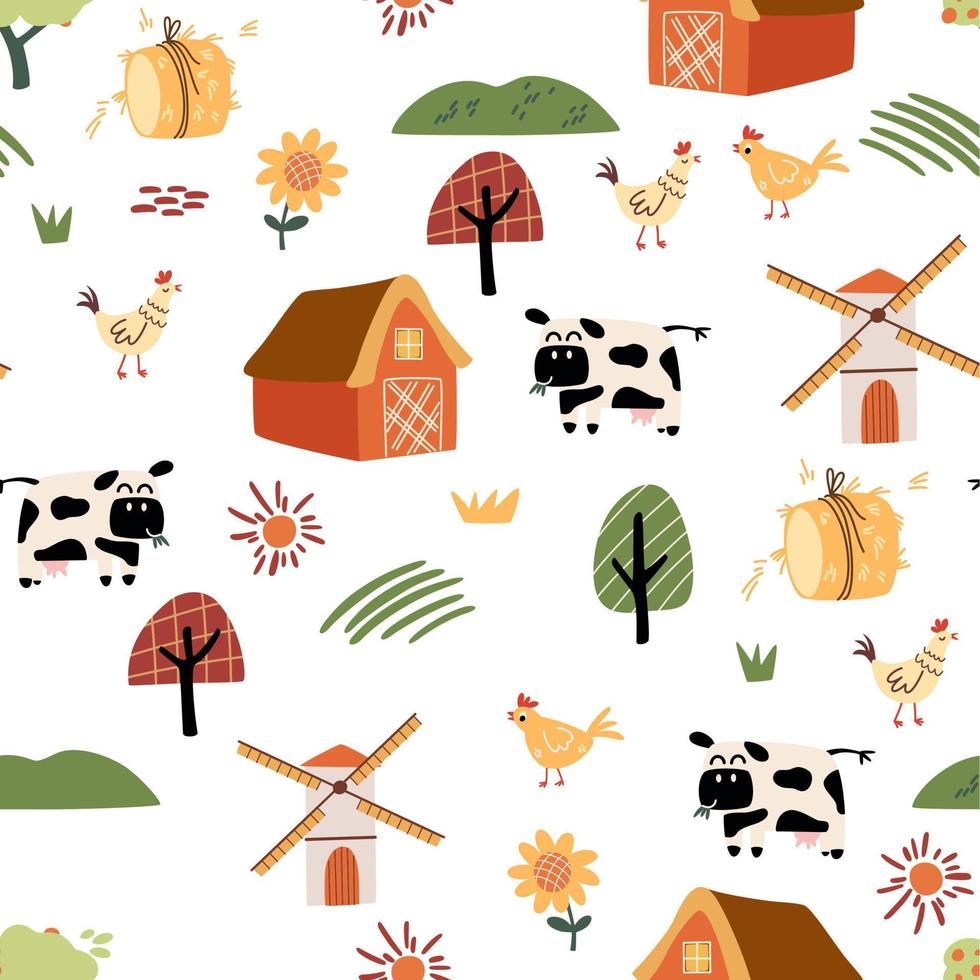 granja dibujos animados sin costura modelo. gracioso Doméstico animales, campo, casas y cobertizos con tractor y jardín. Perfecto para envase papel, tela, textil, fondo de pantalla, hogar decoración. vector ilustración