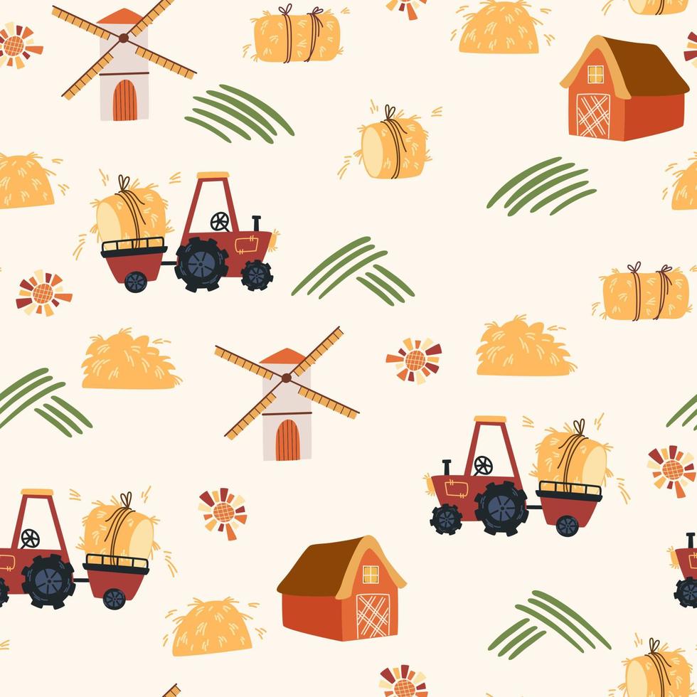 Tractor with hay seamless pattern. Background with cute tractor, farm house, tree and haystack. Creative kids texture for fabric, wrapping, textile, wallpaper, apparel. Vector cartoon illustration
