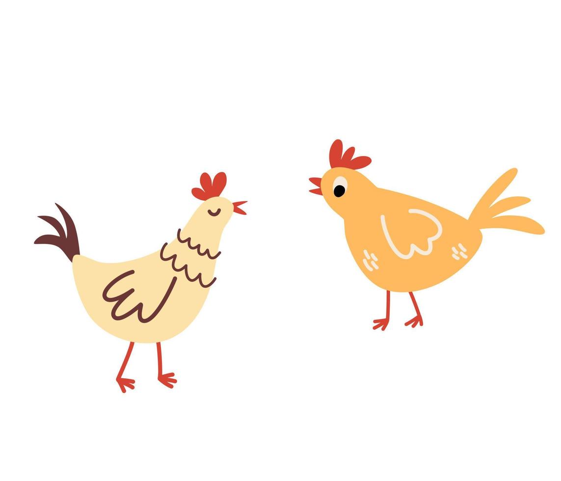Chickens. Collection with farming hen. Different pullet. Farm animals. Perfect for kids, prints and posters. Vector hand draw illustration isolated on the white background.