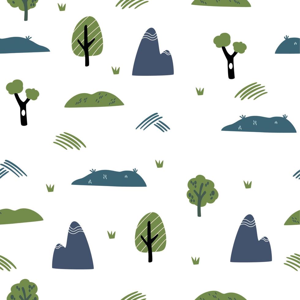 Trees, mountains and plants seamless pattern. Hand draw landscape background. Creative kids texture for fabric, wrapping, textile, wallpaper, apparel. Vector cartoon illustration