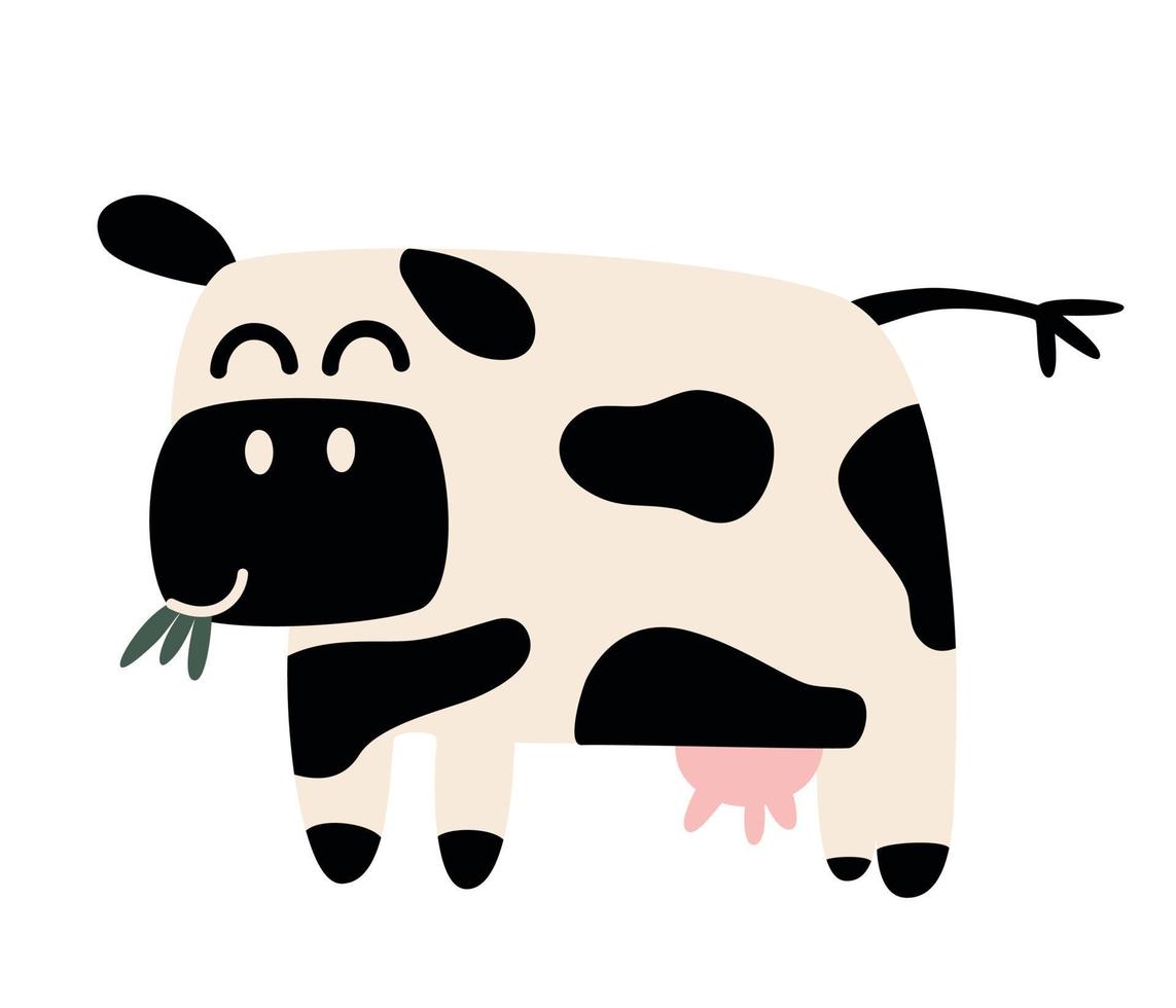 Cow. Cute cartoon cow chewing grass. Farm animals. Perfect for kids, prints and posters. Vector hand draw illustration isolated on the white background.