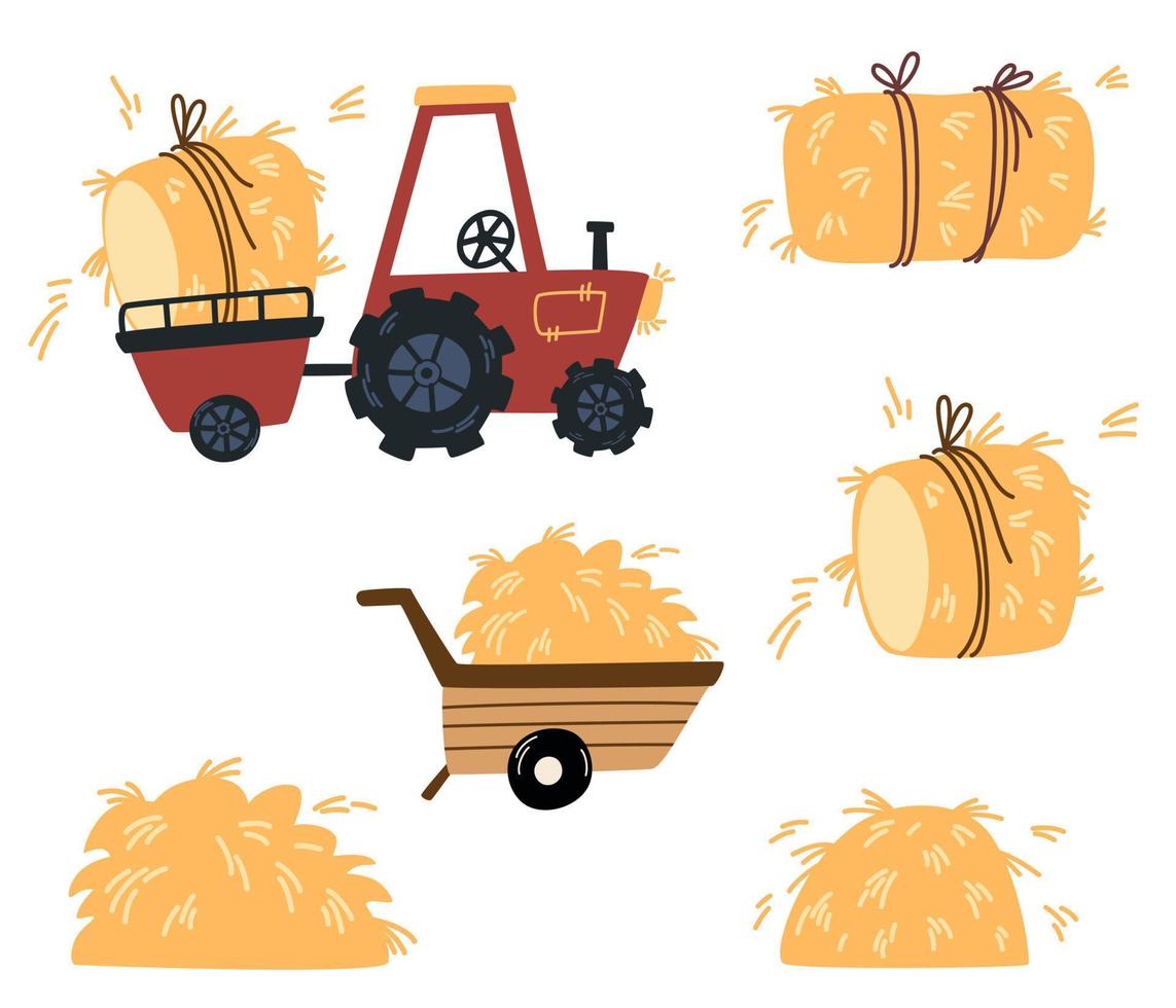 Tractor and haystack set. Straw, haystack and rural hayloft, hay in wheelbarrow. Harvesting, agriculture, farm. Vector hand draw illustration isolated on the white background.