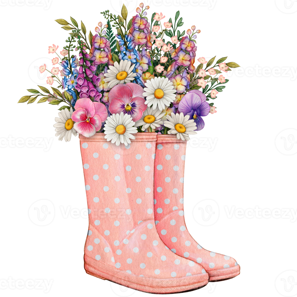 waterverf rubber laarzen met bloemen boeket png