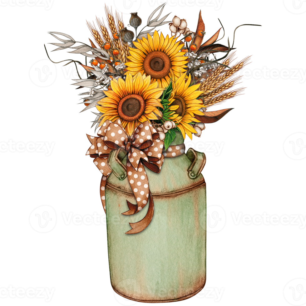 Watercolor vintage milk bucket with sunflowers png