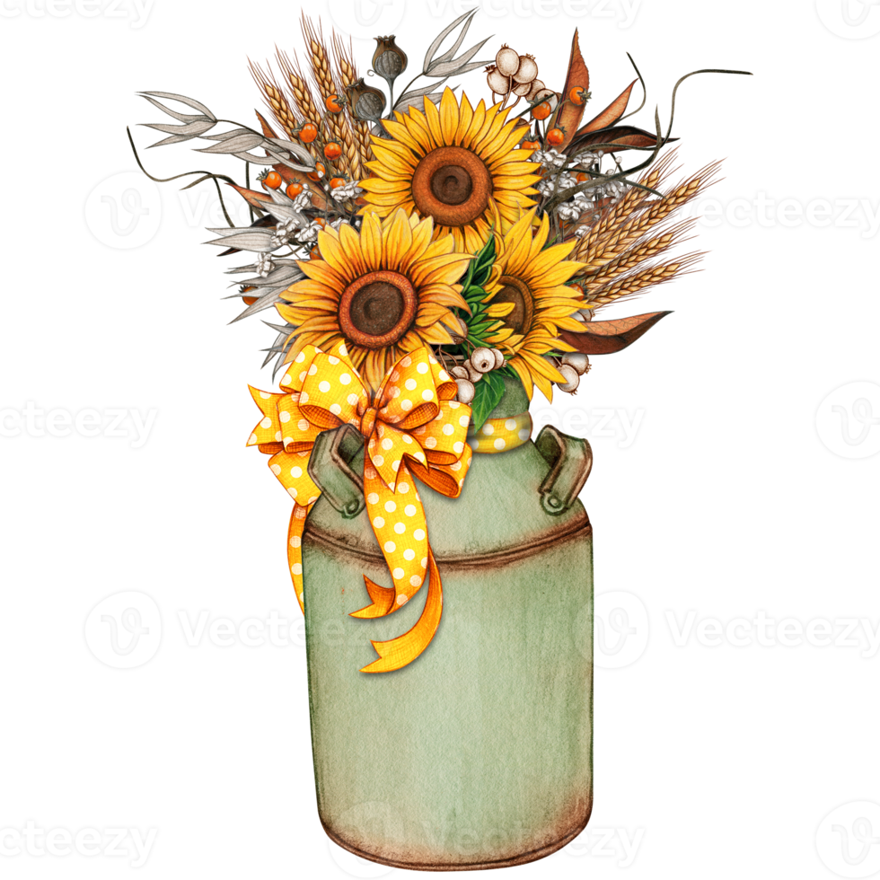 Watercolor vintage milk bucket with sunflowers png