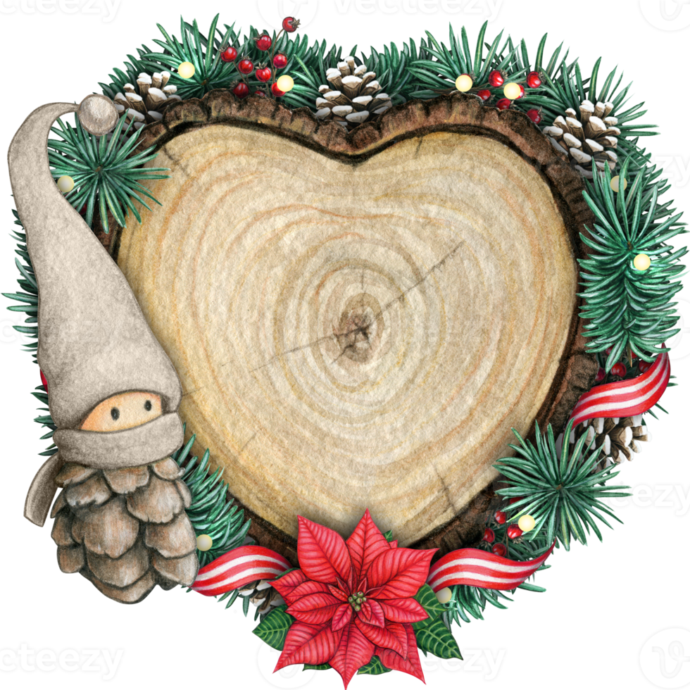 watercolor hand drawn wooden heart slice with elves, pinecones and pine branches png