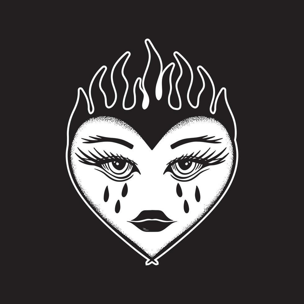 Heart face crying art Illustration hand drawn style black and white for tattoo sticker logo etc vector