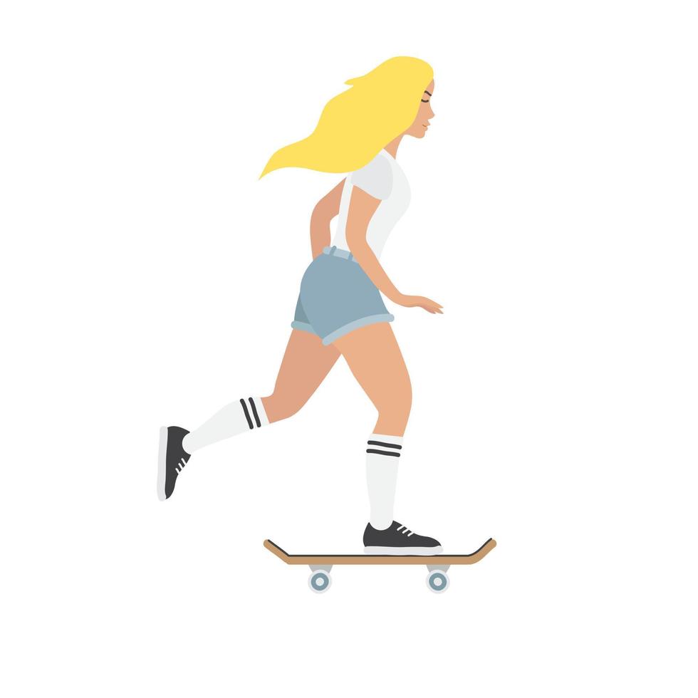 Vector flat cartoon girl woman riding a skateboard