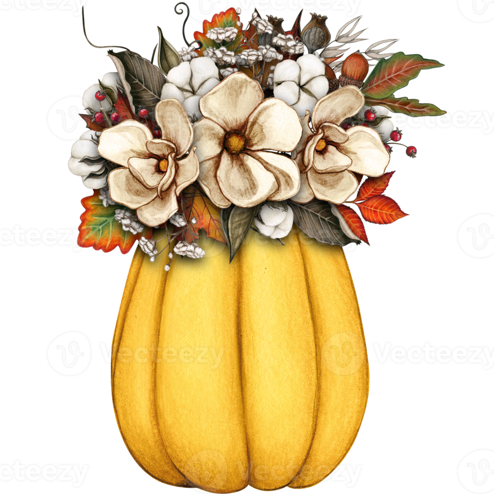 watercolor fall composition with pumpkin, sunflowers, dry herbs png