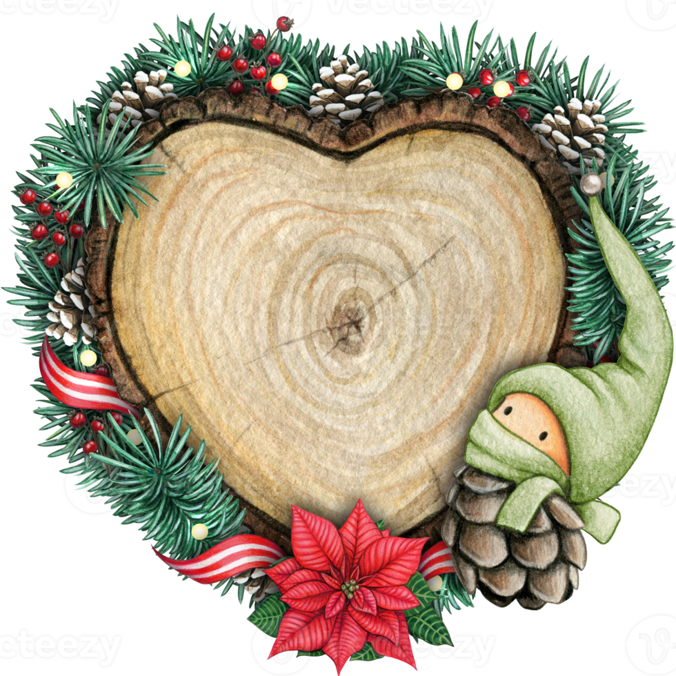 watercolor hand drawn wooden heart slice with elves, pinecones and pine branches png
