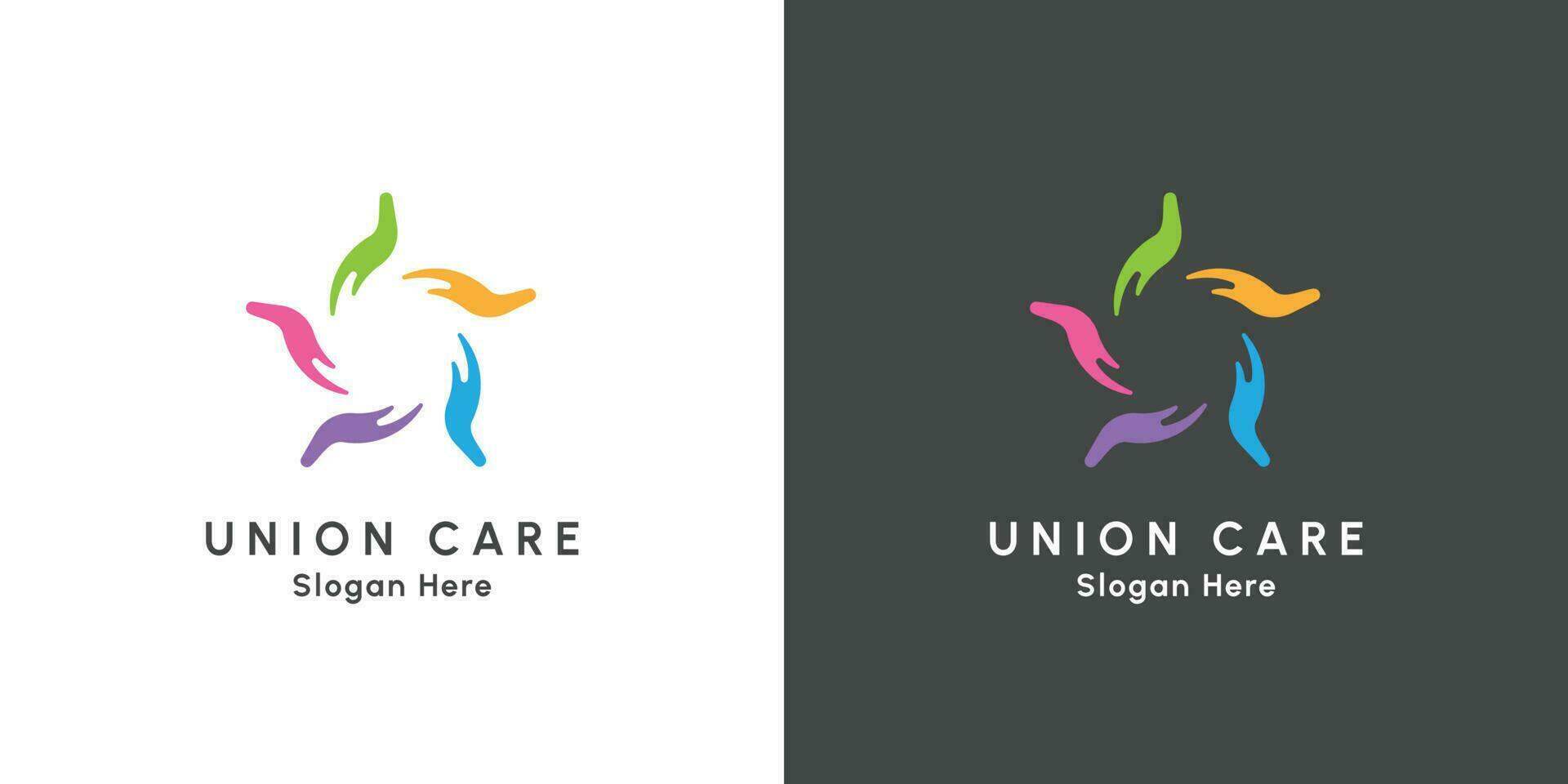 Union community social care logo design illustration. Creative idea rotating colored hand icon with a giving gesture. Simple flat pattern design style vector