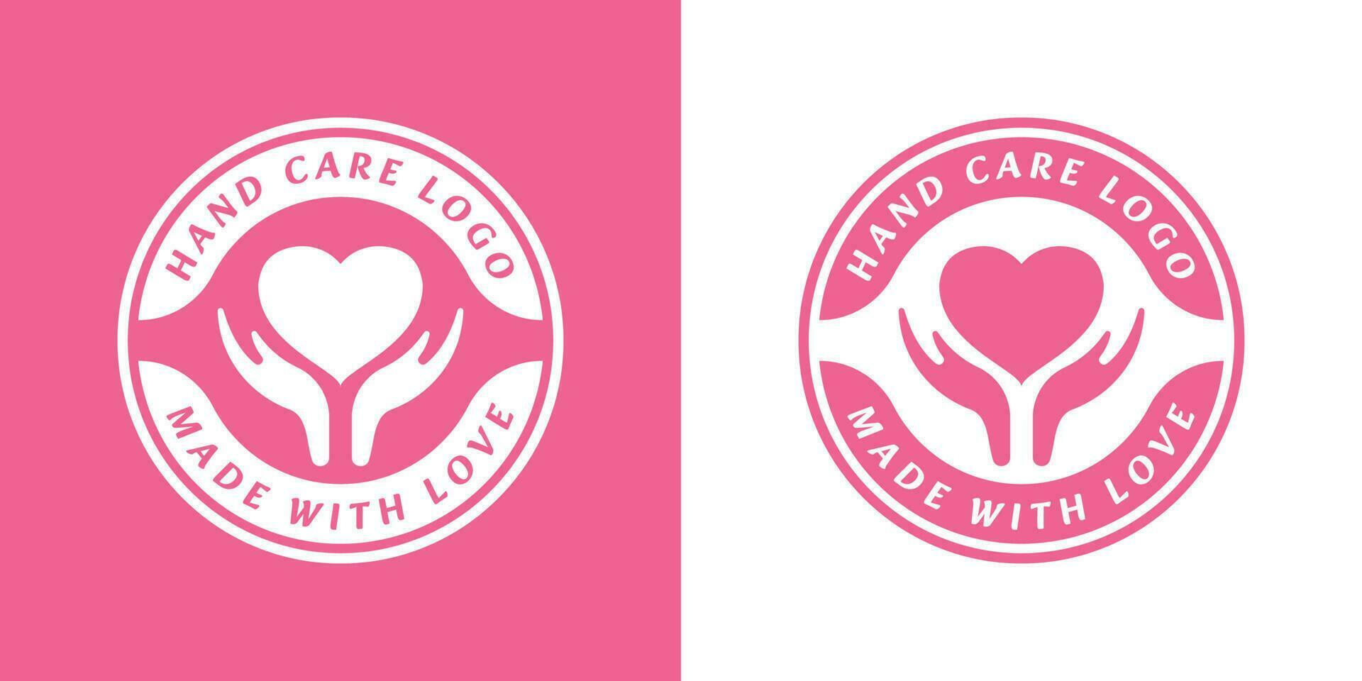 Hand love care label logo design illustration. Creative idea hand icon giving love heart caring affection in circle. Simple flat design style vector