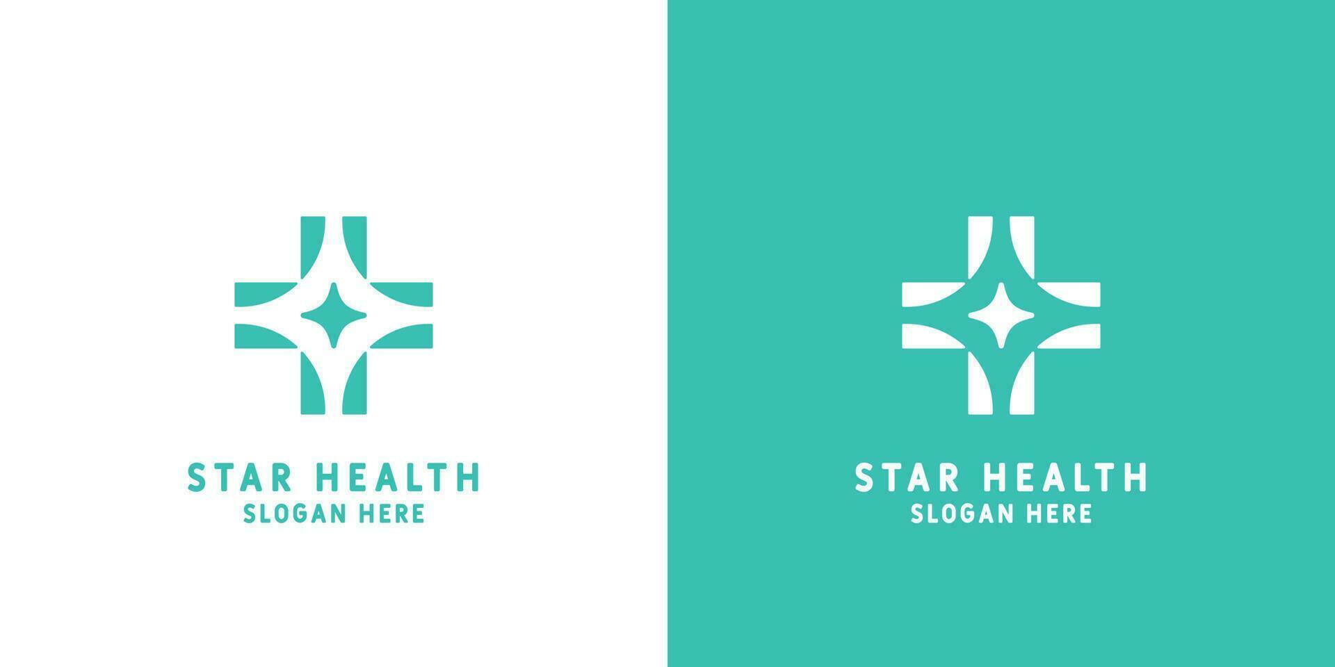 Health star logo design illustration. Silhouette of symbol combination plus star medical cross. Modern design suitable for web and app. vector